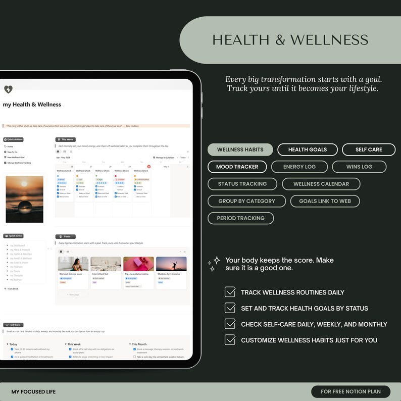 May include: A digital wellness planner displayed on a tablet, with options for wellness habits, health goals, and self-care. The interface includes mood tracking, energy logs, and status tracking. The text reads "Health & Wellness" and "My Focused Life."