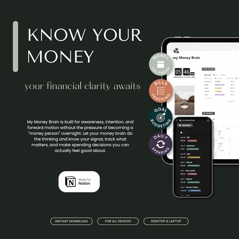 May include: A digital financial planning template titled Know Your Money, featuring a tablet and smartphone displaying the My Money Brain interface. Includes circular icons for money calendar, bills tracking, goal budgeting, and daily spending.