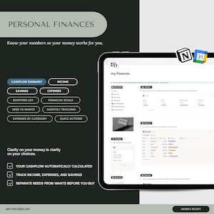 May include: A digital financial planning interface on a tablet. The screen displays a budgeting app with sections for income, expenses, and savings. Text includes "Personal Finances," "Cashflow Summary," and "My Finances."