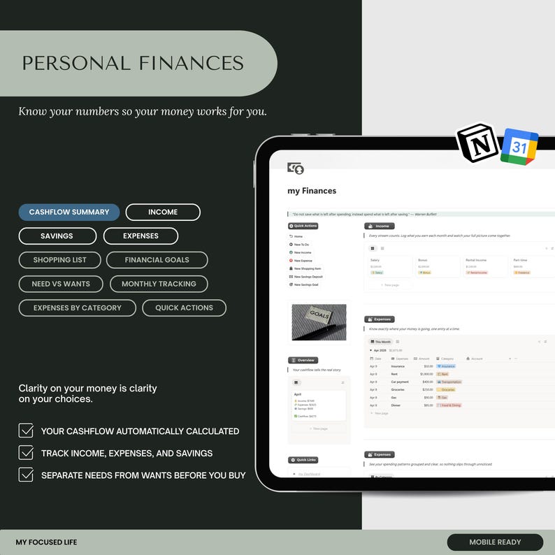 May include: A digital financial planning interface on a tablet. The screen displays a budgeting app with sections for income, expenses, and savings. Text includes "Personal Finances," "Cashflow Summary," and "My Finances."