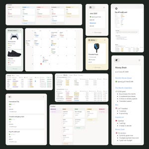 May include: A digital dashboard interface displaying financial planning tools, including a calendar, budget trackers, and task lists. The layout features white cards with text, icons, and progress bars on a dark background, organizing expenses, savings goals, and monthly spending summaries.