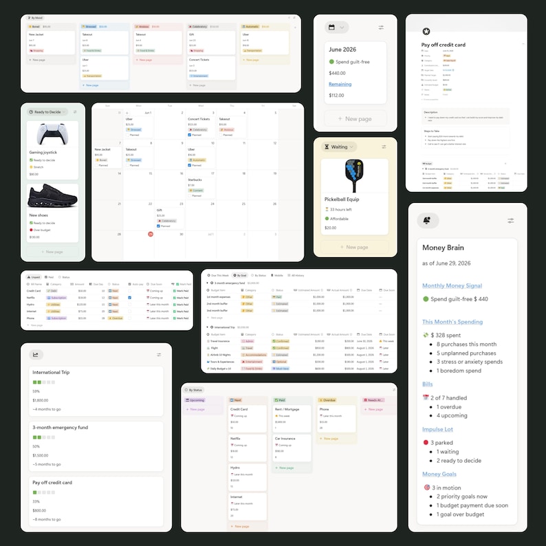 May include: A digital dashboard interface displaying financial planning tools, including a calendar, budget trackers, and task lists. The layout features white cards with text, icons, and progress bars on a dark background, organizing expenses, savings goals, and monthly spending summaries.