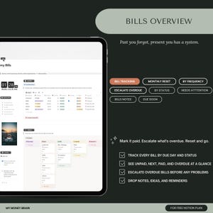 May include: A digital bill tracking template displayed on a tablet screen, featuring a dashboard with columns for bill names, amounts, and due dates. The interface includes buttons for tracking, status, and frequency, with text overlays explaining the system.