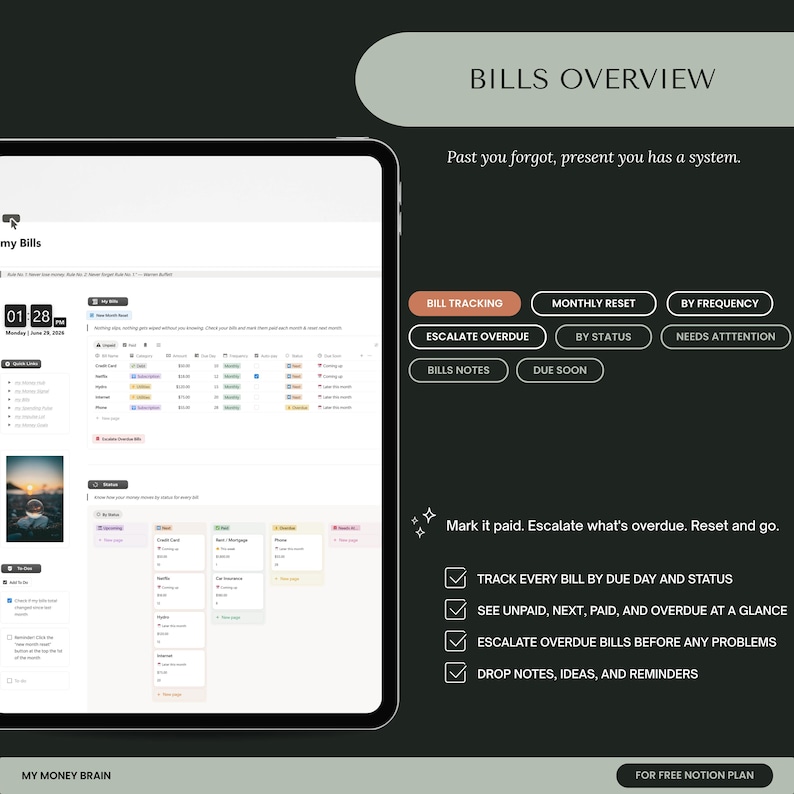 May include: A digital bill tracking template displayed on a tablet screen, featuring a dashboard with columns for bill names, amounts, and due dates. The interface includes buttons for tracking, status, and frequency, with text overlays explaining the system.