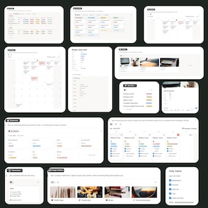May include: A series of digital interface screenshots, displaying organisational tools. The images show calendars, expense trackers, and daily habit checklists. The interface has a clean, minimalist design with a dark background and white text.