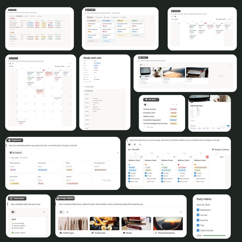 May include: A series of digital interface screenshots, displaying organisational tools. The images show calendars, expense trackers, and daily habit checklists. The interface has a clean, minimalist design with a dark background and white text.