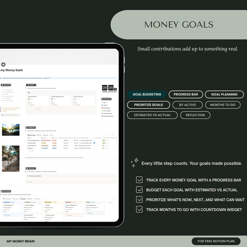 May include: A digital dashboard displayed on a tablet screen titled My Money Goals, featuring sections for goal budgeting, progress bars, and planning. The interface includes categories, estimated versus actual budget tracking, and a countdown widget.