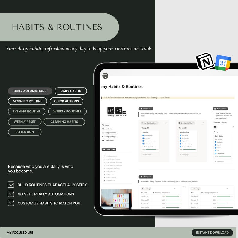 May include: Digital planner template titled "Habits & Routines" on a dark background. The image shows a tablet displaying a habit tracker, alongside text boxes listing habit categories and motivational statements. The text "Make this day great!" is also visible.