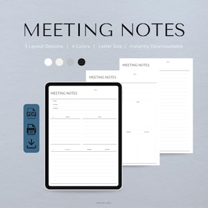 Op de afbeelding: Een digitaal product met de tekst 'MEETING NOTES'. De afbeelding toont een tablet met een sjabloon voor vergaderingsnotities, samen met afgedrukte versies. Het ontwerp biedt 4 kleuren en is direct te downloaden.