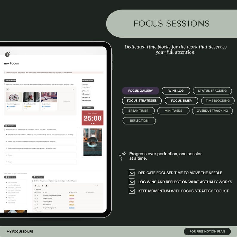 May include: A digital tablet shows a productivity app interface with the text "Focus Sessions." The app includes a timer, focus strategies, and a wins log. The image includes the text "Dedicated time blocks for the work that deserves your full attention."