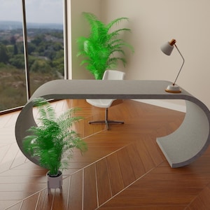 May include: A modern gray desk with a curved design, a small desk lamp, and a white chair. The room features large windows with a view of a landscape and potted green plants. The floor is made of wood.