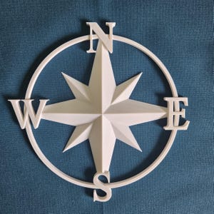 Puede incluir: Una rosa de los vientos blanca con las direcciones cardinales N, E, S y O. La rosa de los vientos está dentro de un círculo blanco. El fondo es una tela azul texturizada.