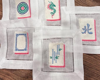 Embroidered Mahjong Linen Cocktail Napkins | Set of 5, Game Night Decor