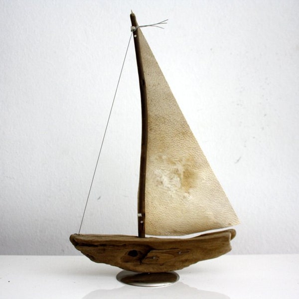 driftwood boat with a sail from genuine goatskin parchment... size 16 x 24 cm...maritime feeling for your home