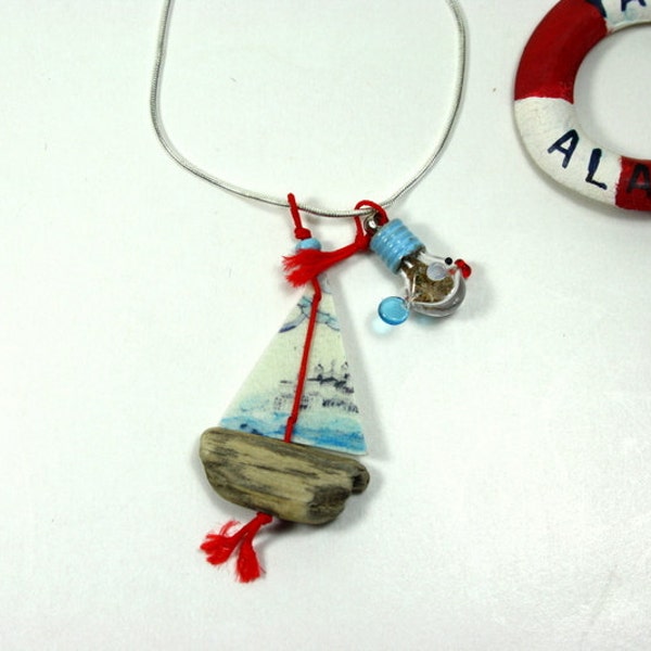 driftwood boat necklace,fish necklace,genuine parchment,beach in a bottle,ocean jewelry,nautical style,fishing and sailing,driftwood jewelry