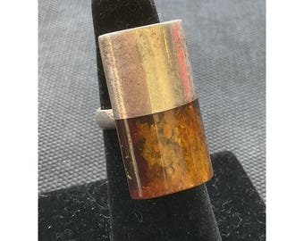 Anillo rectangular vintage de plata de ley y ámbar báltico, talla 5, joyería de patrimonio