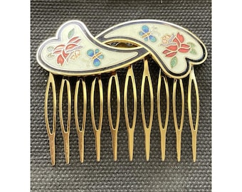 vintage cloisonné hair comb Floral Butterfly Enamel Estate Costume Jewelry