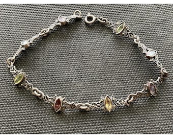 Vintage 925 sterling silver bracelet marcasite & multi-colored gemstones