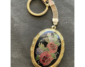 vintage gold-toned cloisonné enamel locket keychain Floral Design