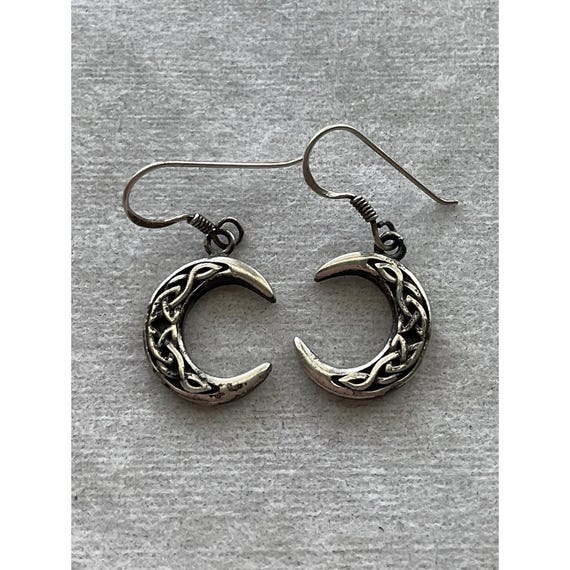 Vintage Sterling Silver Celtic knot crescent moon dangle Earrings Estate Jewelry