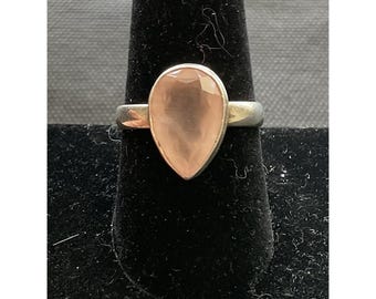 925 Sterling Silver faceted pear-shaped pink rose quartz gemstone Ring Size 9