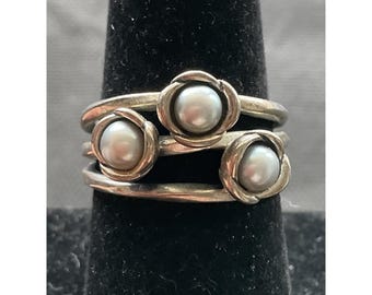 Pandora Three Wishes sterling silver ring ALE 925 Grey Pearl Size 7.5