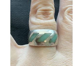JB 925 Sterling Silver Green Gemstone Inlay Ring Size 7 Native American Vintage