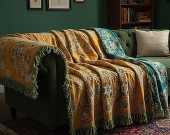 Boho Woven Throw Blanket with Tassels • Large Sofa/Bedspread • Mustard & Teal Pattern • 3 Sizes