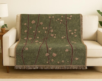 Green Woven Throw Blanket: Floral Branch Tapestry, Boho Decor