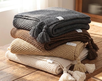 Chunky Knit Throw Blanket with Tassels | Soft Textured Boho Sofa Décor