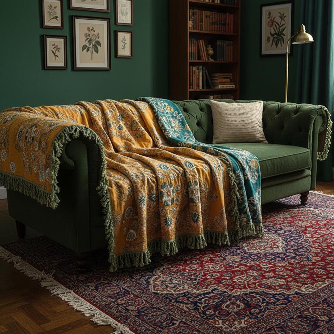 Boho Woven Throw Blanket With Tassels • Large Sofa/bedspread • Mustard ...