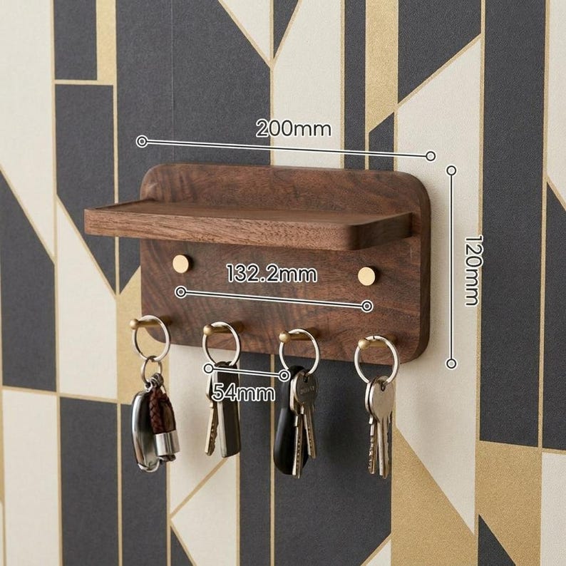 Walnut Key Holder Wall Mount with Shelf, Entryway Organizer, Minimalist Home Decor image 6