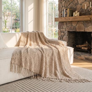 Woven Knit Throw Blanket with Tassels | Cozy Boho Farmhouse Sofa Cover