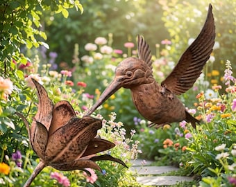 Metal Hummingbird Garden Stake, Rustic Flower Sculpture, Outdoor Bird Art Lawn Decoration