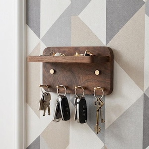 Walnut Key Holder Wall Mount with Shelf, Entryway Organizer, Minimalist Home Decor Dark