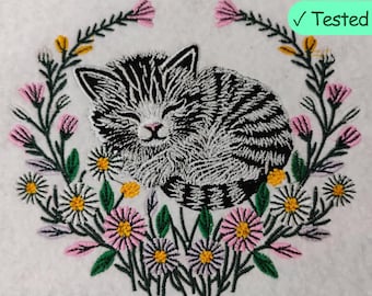 Floral Cat Embroidery Design | Kitten Machine Embroidery File | Instant Download