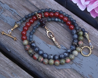 Pregnancy Tracking Necklace - Pick your charm - Sunlit Meadow - red carnelian, labradorite, unakite, garnet