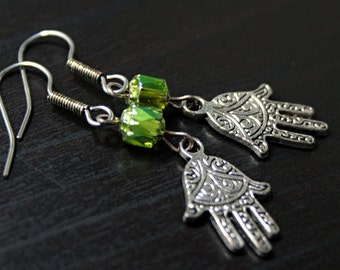 I Give You Green Meadows, green earrings with Czech fire-polished beads, Hand of Fatima / Hamsa earrings