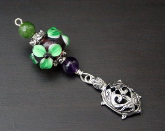 Jade and Amethyst Emerald Flower Turtle Blessingway bead - Blessing, baby shower gift, pregnancy gift, doula gift, fertility pendant