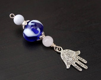 Blue Chalcedony and Rose Quartz Moonlight Reflections Hamsa / Hand of Fatima or Birth Goddess Blessingway bead - Blessing bead, doula gift