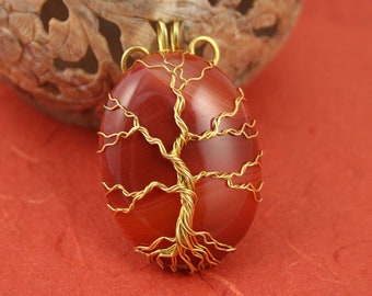 Red veins agate gold-plated wire-wrapped Tree of Life pendant, Yggdrasil, World Tree pendant