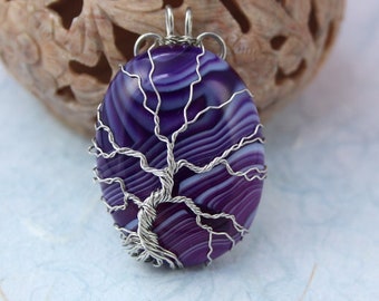 Purple veins agate silver-plated wire-wrapped Tree of Life pendant, Yggdrasil, World Tree pendant