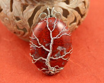 Brecciated Jasper silver-plated wire-wrapped Tree of Life pendant, Yggdrasil, World Tree pendant