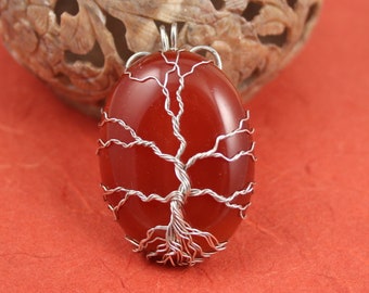 Red Carnelian silver-plated wire-wrapped Tree of Life pendant, Yggdrasil, World Tree pendant