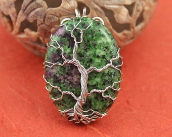 Green and Purple Zoisite silver-plated wire Tree of Life pendant, green tree pendant, green tanzanite pendant, Yggdrasil, World Tree pendant