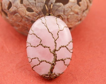 Rose Quartz brass wire Tree of Life pendant, Yggdrasil, World Tree pendant