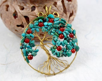 Turquoise and red agate gold-plated wire Tree of Life pendant, Yggdrasil, World Tree pendant