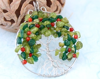 Peridot, green aventurine and red agate silver-plated wire Tree of Life pendant, apple tree pendant, Yggdrasil, World Tree pendant