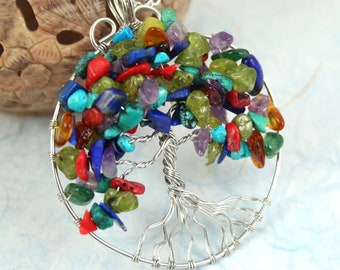 Tree of Colours pendant, peridot, turquoise, lapis lazuli, coral, amber, aventurine, amethyst, garnet, Tree of Life, Wishing Tree pendant