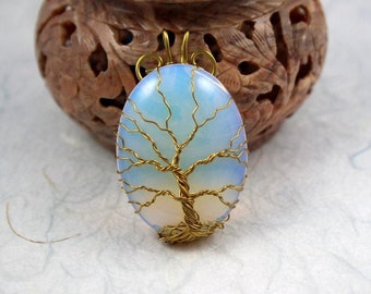 Opalite Tree of Life gold-plated wire-wrapped pendant, Yggdrasil, World Tree pendant